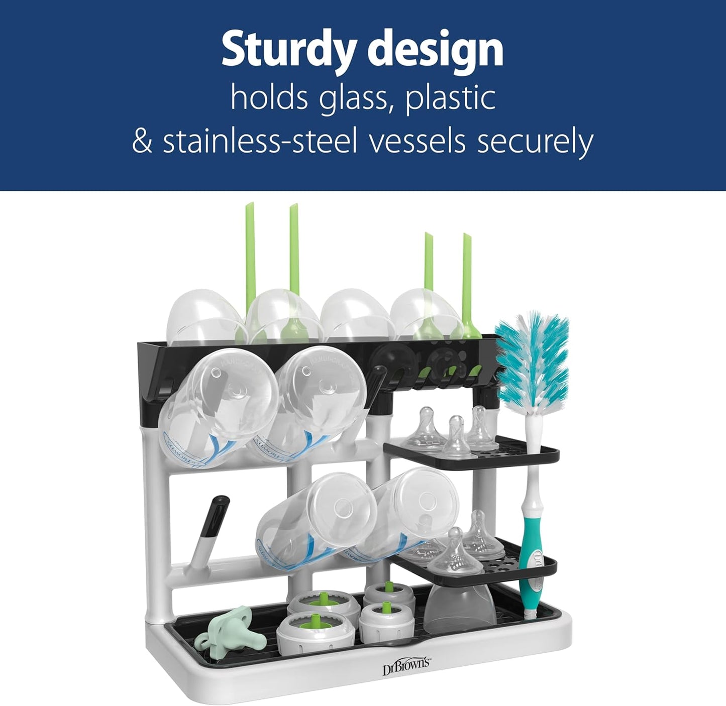 Dr. Brown's Baby Bottle Drying Tower, Stand-Up Countertop Drying Rack with Organized Storage for Baby Essentials, Space Saving Vertical Rack, Black/White