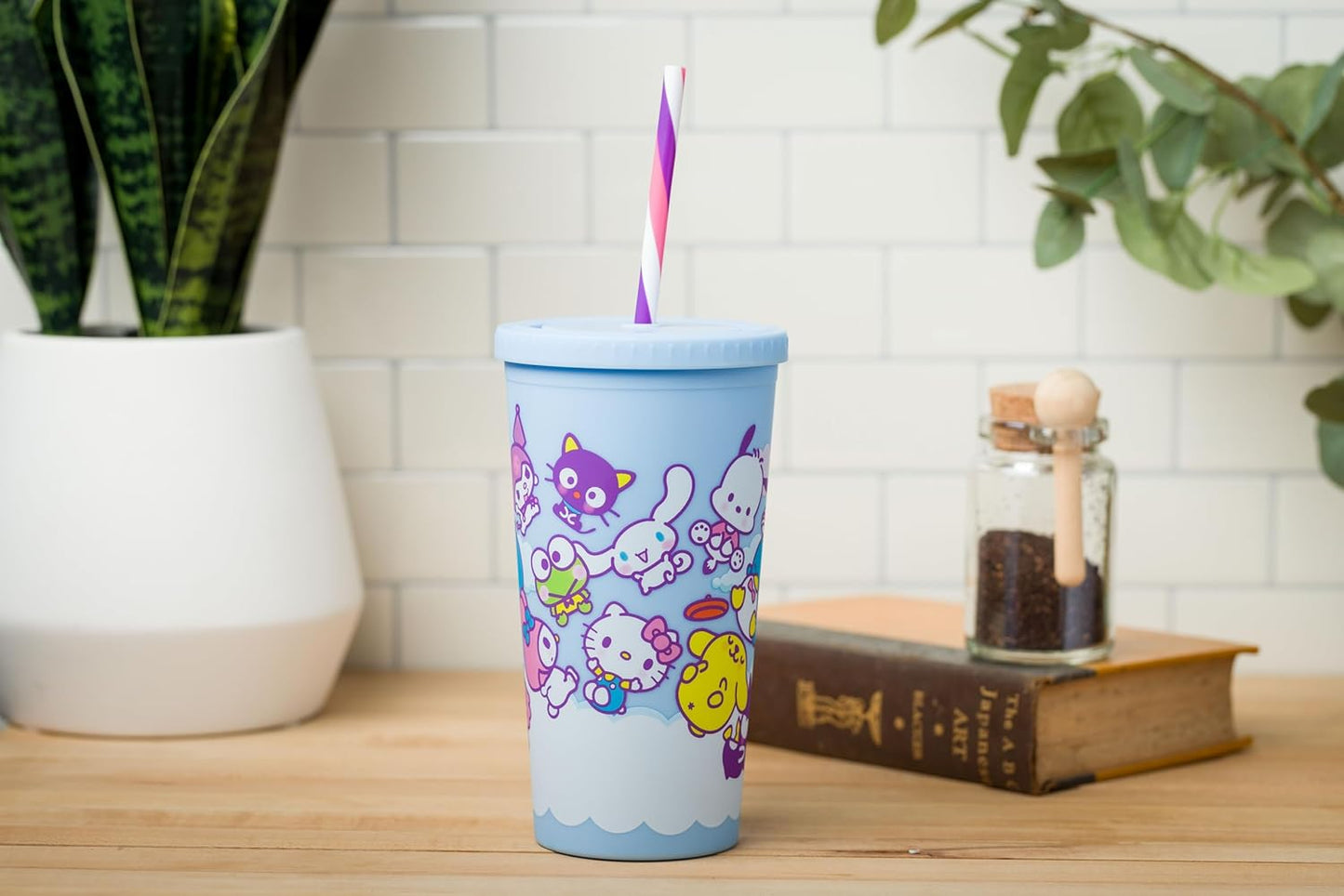 Silver Buffalo Sanrio Hello Kitty Milk Carton Pattern Plastic Boba Tumbler w Lid and Wide Straw, 24 Ounces