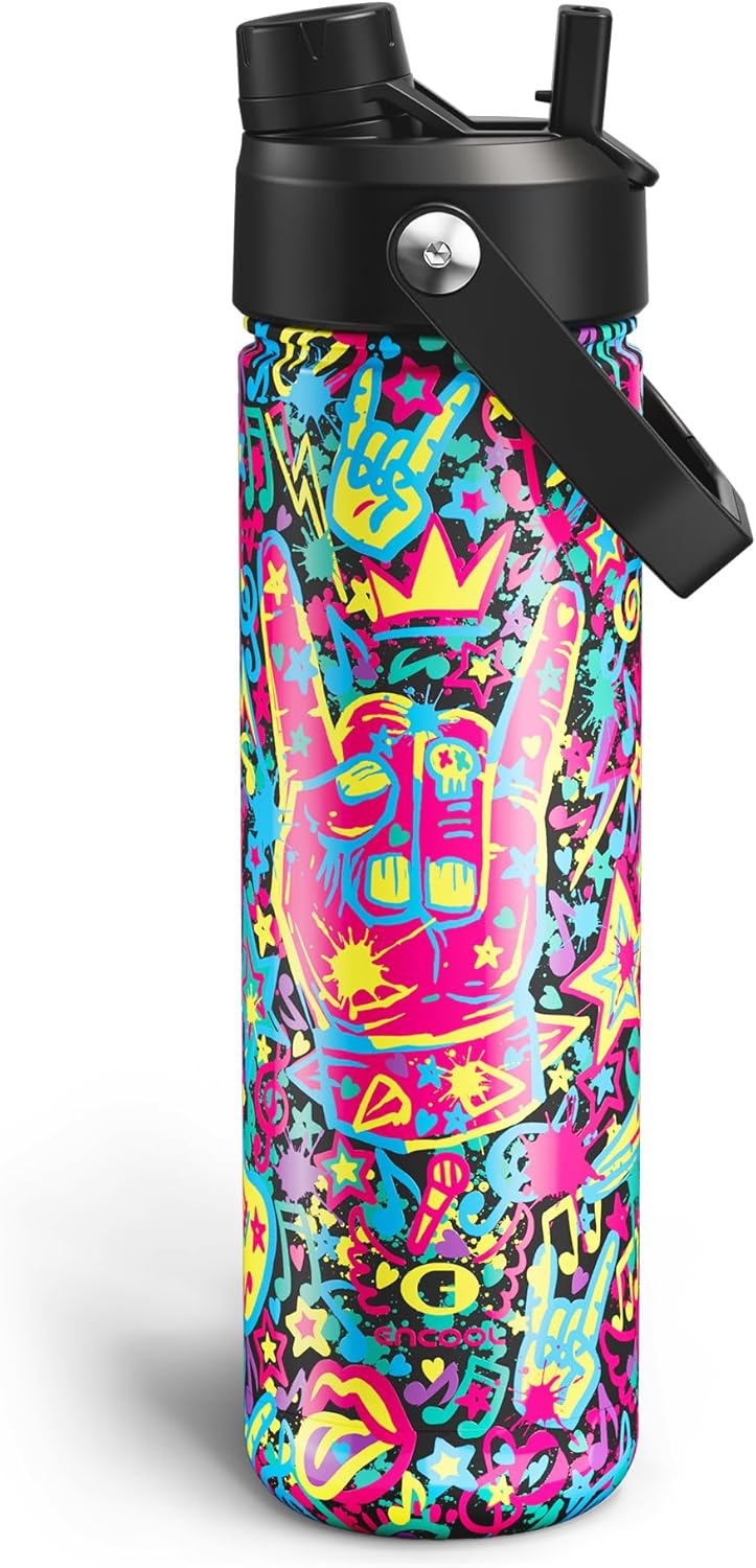 ENCOOL Insulated Water Bottle with Straw Stainless Steel Water Bottle, Leak-Proof, BPA-Free, Double Wall Vacuum Keeps Cold for 24 Hours for Sports, Travel, School (26 oz, Cotton Candy) - Colors B
