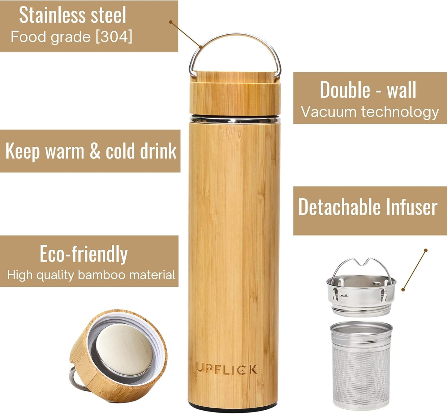 Bamboo Water Bottle Insulated Tea Tumbler for Men Birthday Gift, Women Travel Tea Set with Diffuser for Loose Tea Leaves, Stainless Steel Leak Proof Gift for Mom (15 oz)