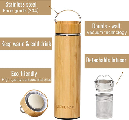Bamboo Water Bottle Insulated Tea Tumbler for Men Birthday Gift, Women Travel Tea Set with Diffuser for Loose Tea Leaves, Stainless Steel Leak Proof Gift for Mom (15 oz)