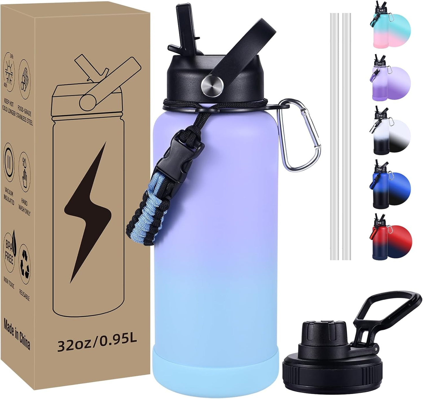 Insulated Water Bottle, 32 oz Stainless Steel Wide Mouth Water Bottles with 2 Leak Proof Lid and Paracord Handle, Double Wall Vacuum Insulated Sports Water Bottle, Purple Black