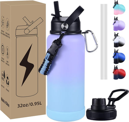 Insulated Water Bottle, 32 oz Stainless Steel Wide Mouth Water Bottles with 2 Leak Proof Lid and Paracord Handle, Double Wall Vacuum Insulated Sports Water Bottle, Purple Black