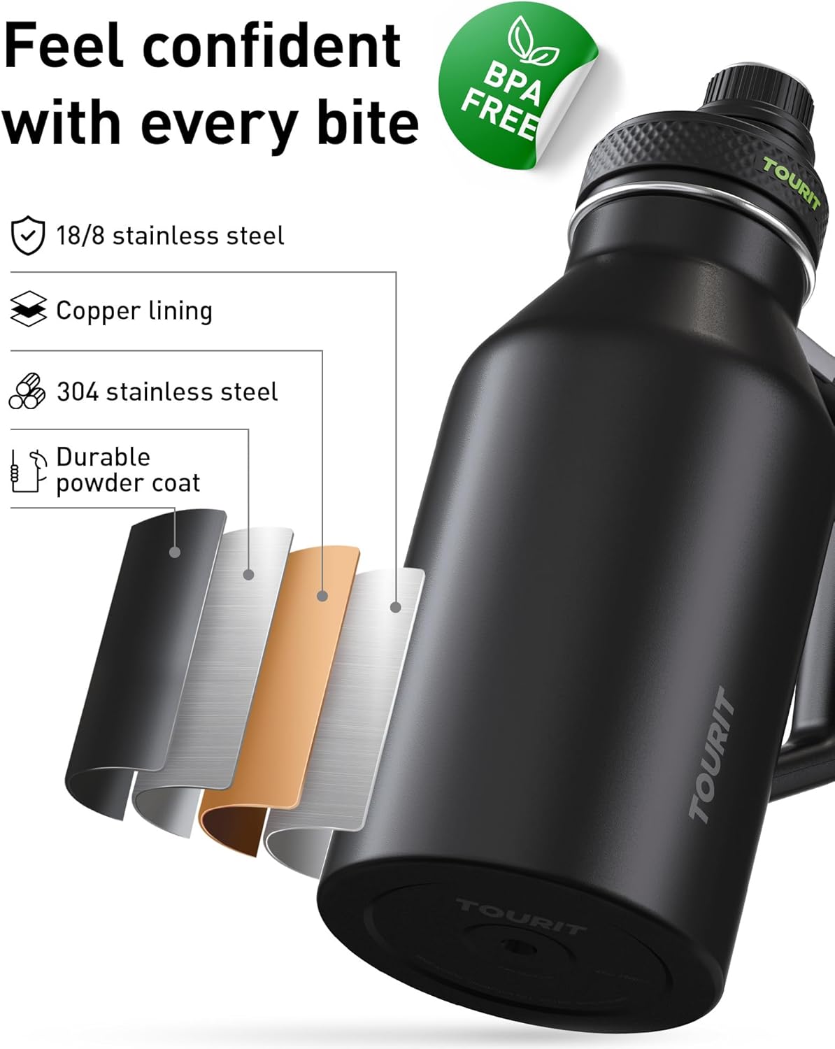 TOURIT 32oz Stainless Steel Wide Mouth Water Bottle, Double-Wall Vacuum Insulation with Spout Lid for Sports and Travel, Black