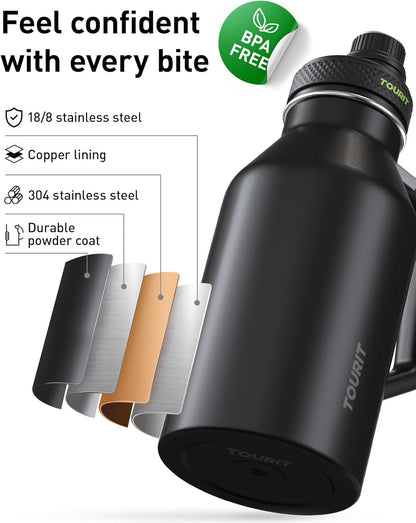 TOURIT 32oz Stainless Steel Wide Mouth Water Bottle, Double-Wall Vacuum Insulation with Spout Lid for Sports and Travel, Black