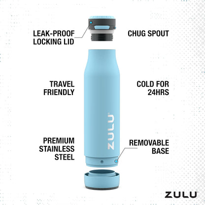 ZULU Ace Vacuum Insulated Stainless Steel Water Bottle with Chug Spout, Leak-Proof Locking Lid and Removable Base for School, Backpack, Sports, Gym, Travel