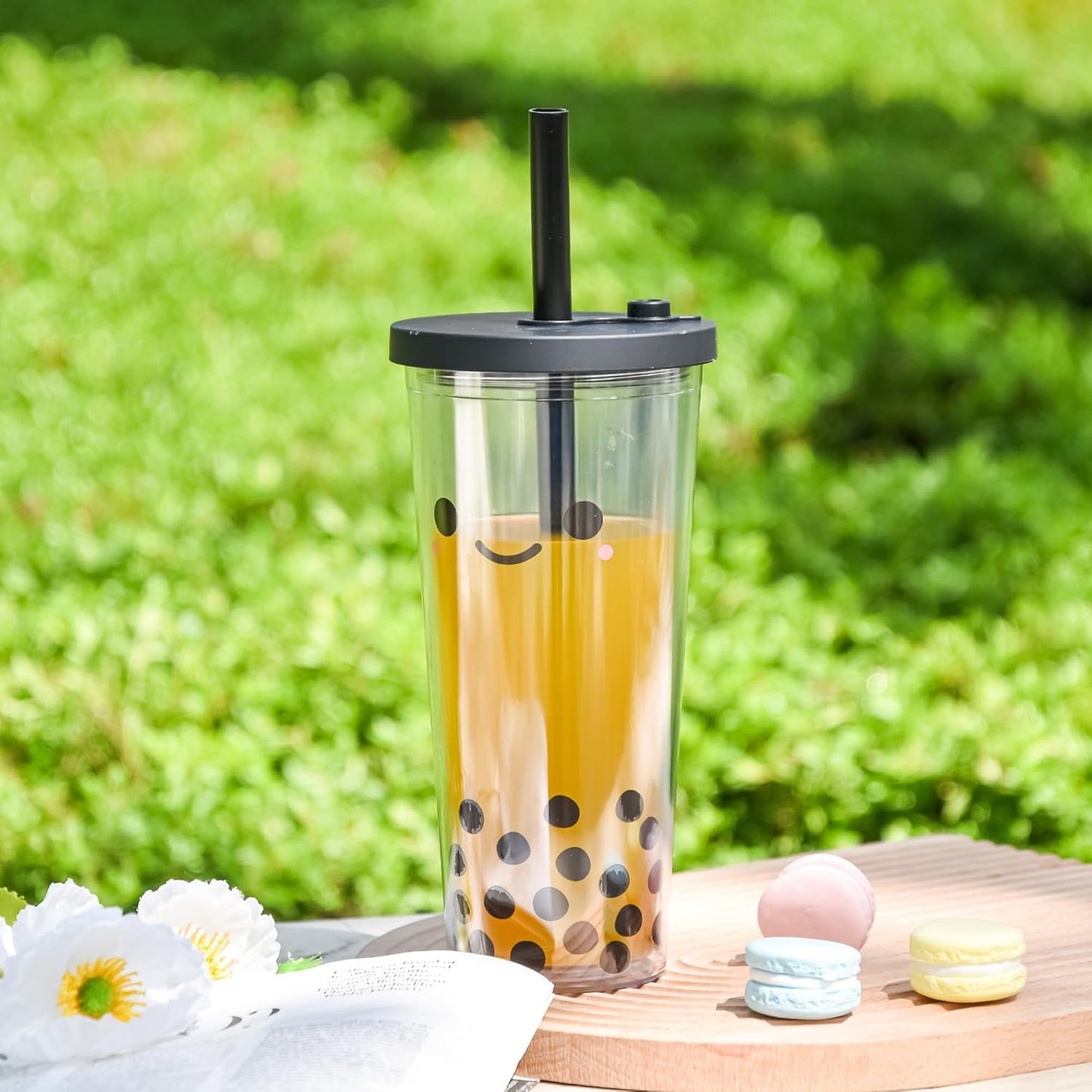 sweet grain Reuasble Boba Cup, 24 oz 100% Leak Proof and Double Wall Insulated Iced Coffee Tumbler with Reusable Plastic Straws and Straw Cleaner(Sky Blue)