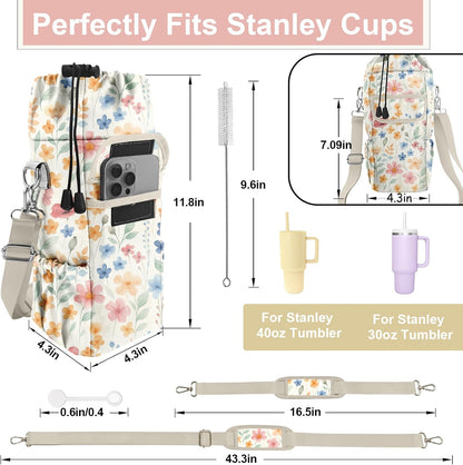 Water Bottle Carrier Bag with Phone Pocket for Stanley Cup 30/32/40 oz Tumbler with Adjustable Strap,Insulated Water Bottle Holder Pouch Crossbody Sling for Walking Travel