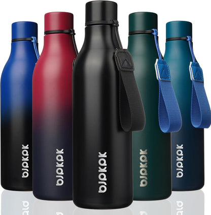 BJPKPK Insulated Water Bottles, 18 oz Stainless Steel Metal Water Bottle with Strap, BPA Free Leak Proof Jugs, Mugs, Flasks, Reusable Thermal Flasks for Sports & Travel, Black - Colors B