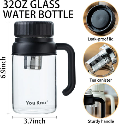 32oz Tea Infuser Bottle - Large Glass Water Bottle with Removable Infuser for Loose Leaf Tea & Fruit, Leakproof, Lead-free, Wide Mouth for Easy Cleaning - Handle for Hot & Cold Beverages (White)