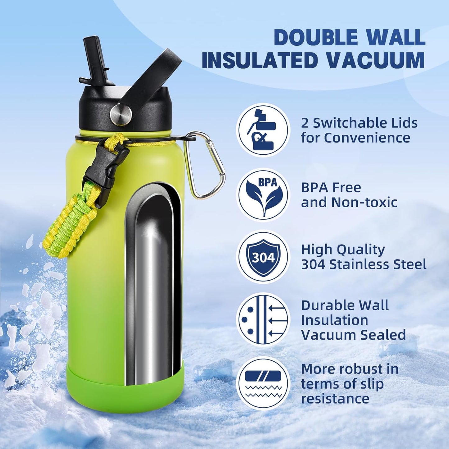 Insulated Water Bottle, 32 oz Stainless Steel Wide Mouth Water Bottles with 2 Leak Proof Lid and Paracord Handle, Double Wall Vacuum Insulated Sports Water Bottle, Purple Black