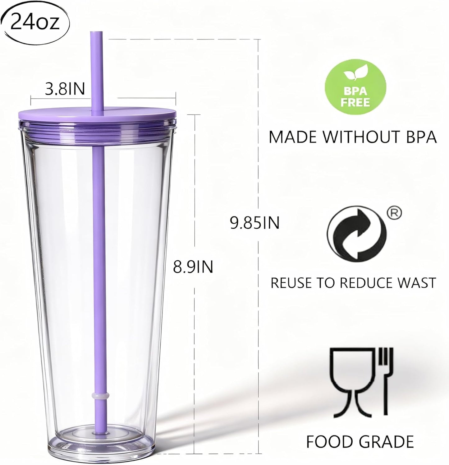 24oz Tumbler with Lid and Straw, Leak Proof and Double Wall Insulated Reusable Plastic Cups,Travel Reusable Iced Coffee Cup (1, Pink)