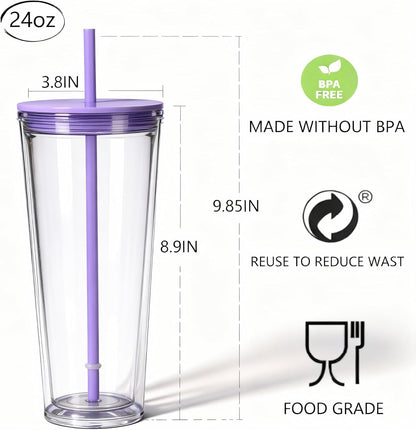 24oz Tumbler with Lid and Straw, Leak Proof and Double Wall Insulated Reusable Plastic Cups,Travel Reusable Iced Coffee Cup (1, Pink)