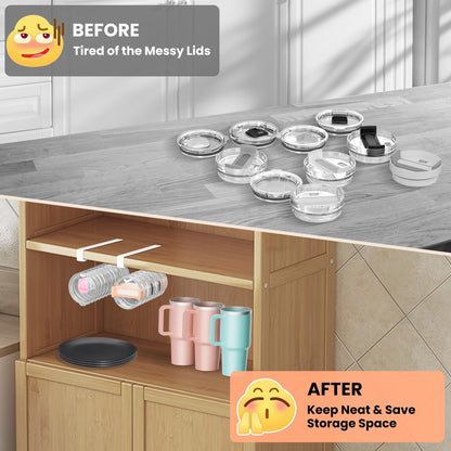 2 Pack Tumbler Lid Organizer, Under Cabinet Cup Lid Holder for Yeti Insulated Mug/Stanley Insulated Mug/Simple Modern Insulated Mug Lid, No Gluing, No Drilling, Up to 10 Lids (Black)