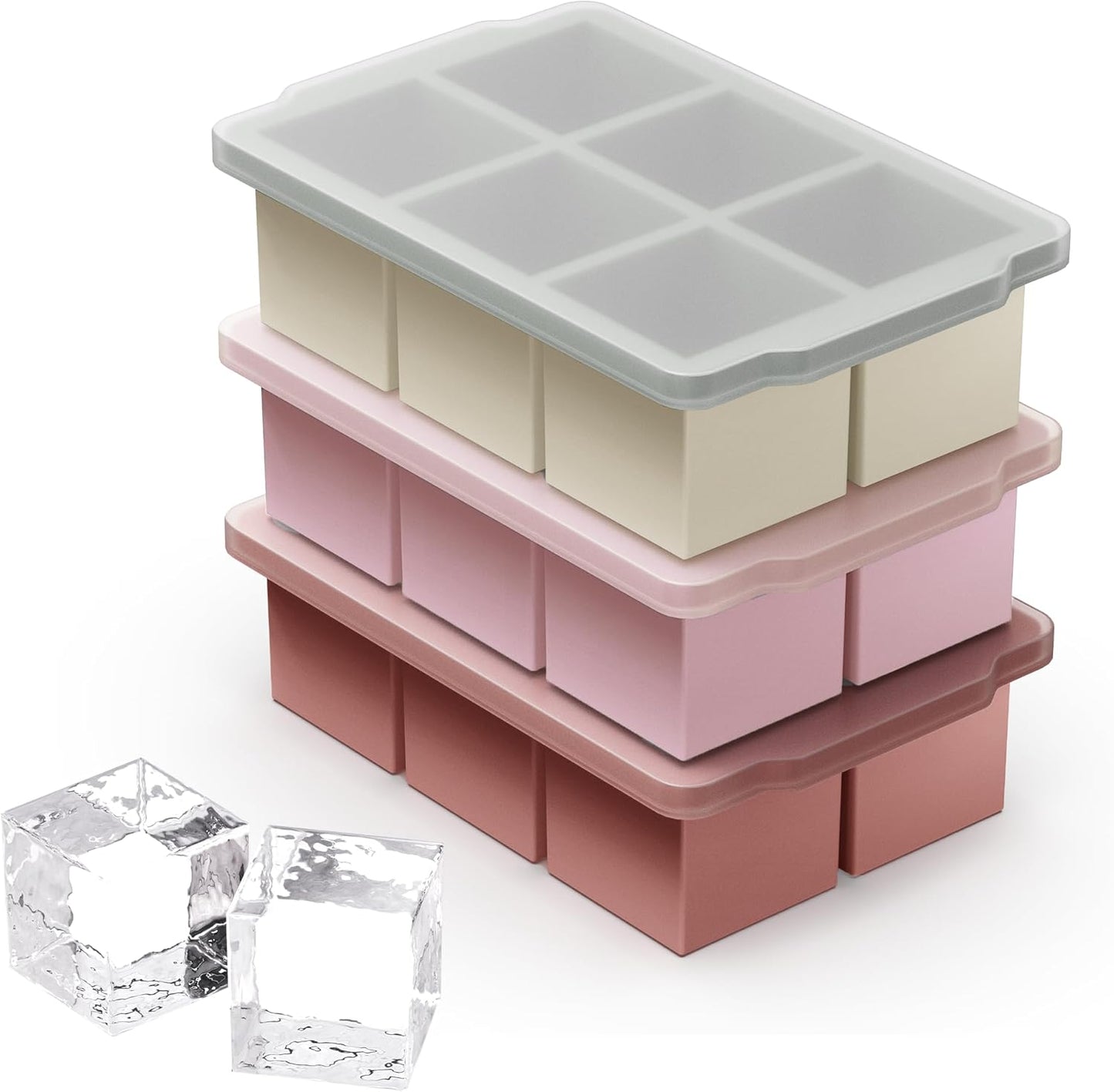 VLM 3 Packs Large Ice Cube Molds with Stackable Lid,Silicone Ice Cube Tray for Freezer,Big Square Ice Tray for Whiskey,Cocktails,Bourbon and Soups (Neutral)
