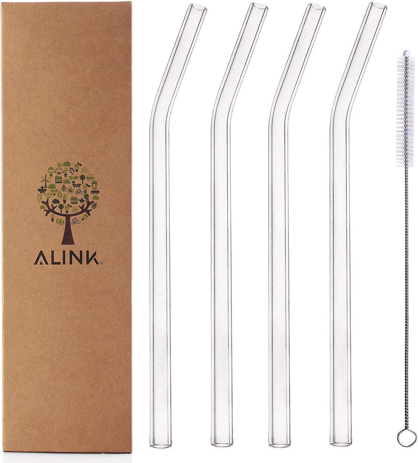 ALINK Glass Smoothie Straws, Reusable Clear Bent 9 in X 10 mm Drinking Straws, Set of 4 with Cleaning Brush