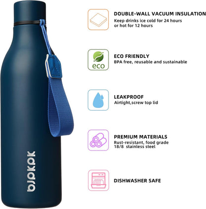 BJPKPK Insulated Water Bottles, 18 oz Stainless Steel Metal Water Bottle with Strap, BPA Free Leak Proof Jugs, Mugs, Flasks, Reusable Thermal Flasks for Sports & Travel, Black - Colors A
