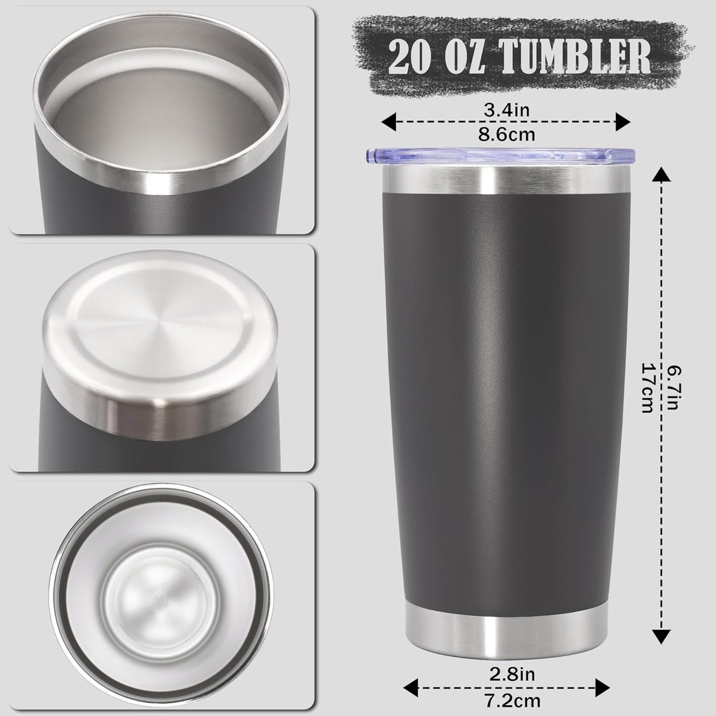 20 oz Tumbler Coffee Travel Tumblers Bulk with Lid Stainless Steel Double Wall Vacuum Insulated Mug Powder Coated Cups fit Car Cupholder for Hot and Cold - Stainless Steel, 4Pack