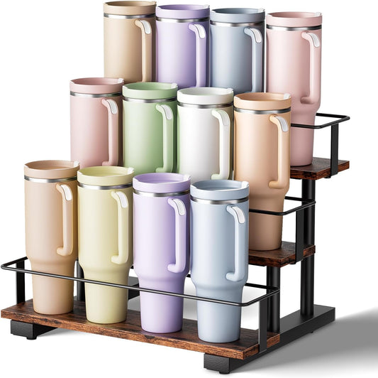 Stanley 40 oz Tumbler Compatible Organizer, 3-Tier Water Bottle Organizer with Wooden Shelves, Carbon Steel Rack Holds 12 Bottles, Kitchen & Bar Storage