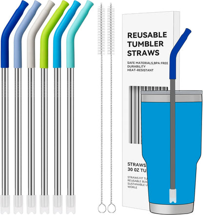 40 oz Straight Metal Straws for 40 oz Stanley Tumbler, 6 Pcs Stainless Steel Reusable Drinking Metal Straw with Colourful Silicone Tips,Straw for Glass Cups, BPA FREE