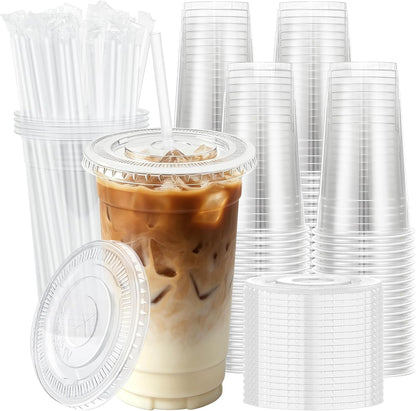 Lamosi 100 Pack 16 oz Clear Plastic Cups with Lids and Straws, Disposable Plastic Coffee Cups with Lids for Iced Coffee, Cold Beverages, Smoothies and To-Go Drinks