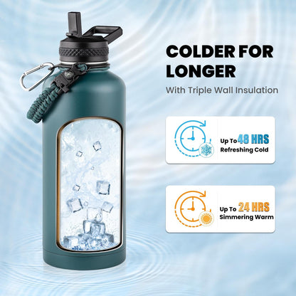 RAYMYLO One Gallon Water Bottle Insulated, Triple Walled Vacuum Stainless Steel (Cold for 48 Hrs), Leak Proof & Non-BPA, Large Water Flask Jug with Paracord Handle & Straw Spout Lids