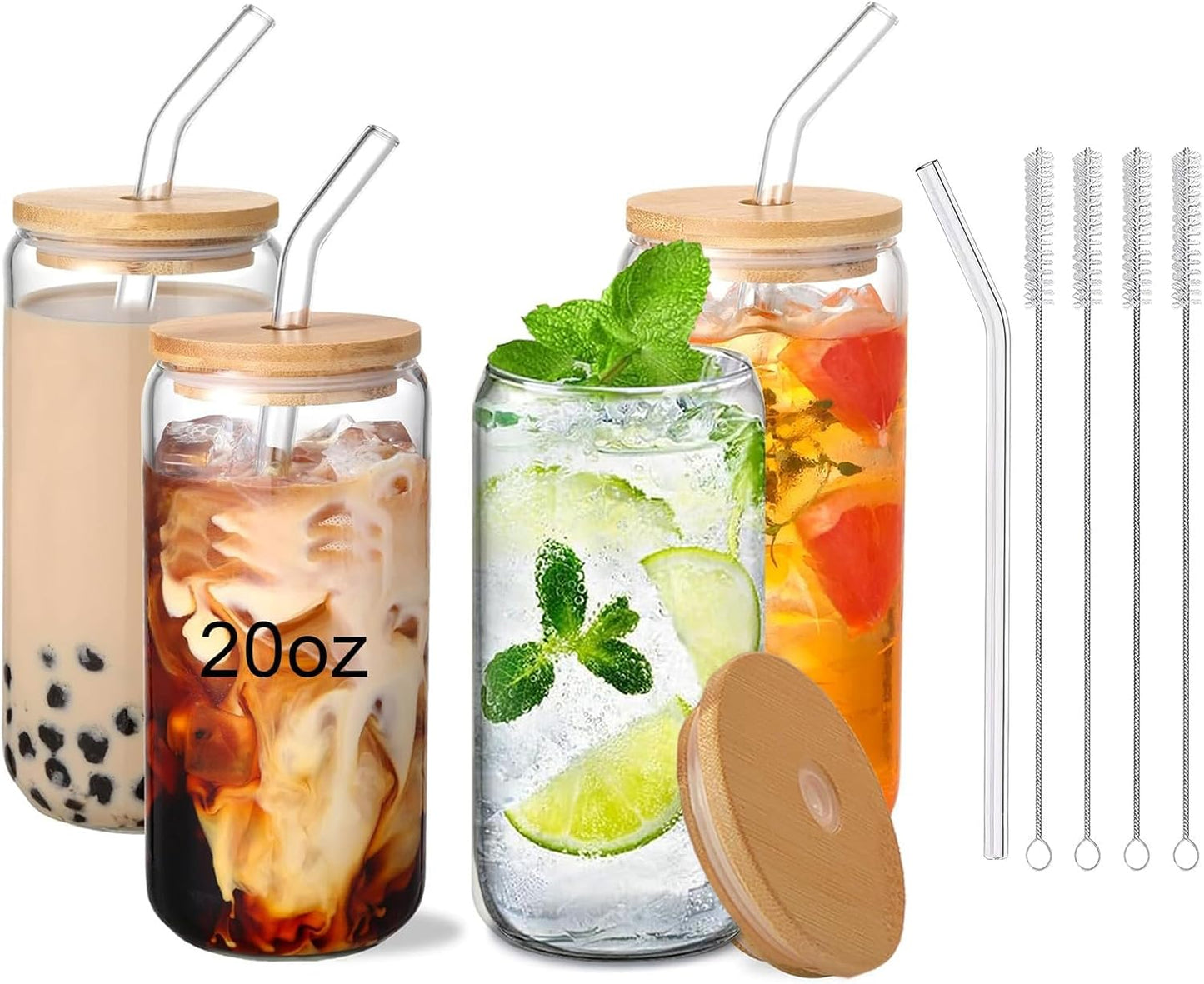 Glass Cups with Lids and Straws Set of 2 - Iced Coffee Cups with Lids for Cold Brew and Beer, 20 oz Can Shaped Glass with Bamboo Lids and Straws - Aesthetic Coffee Bar Gift for Coffee Lovers