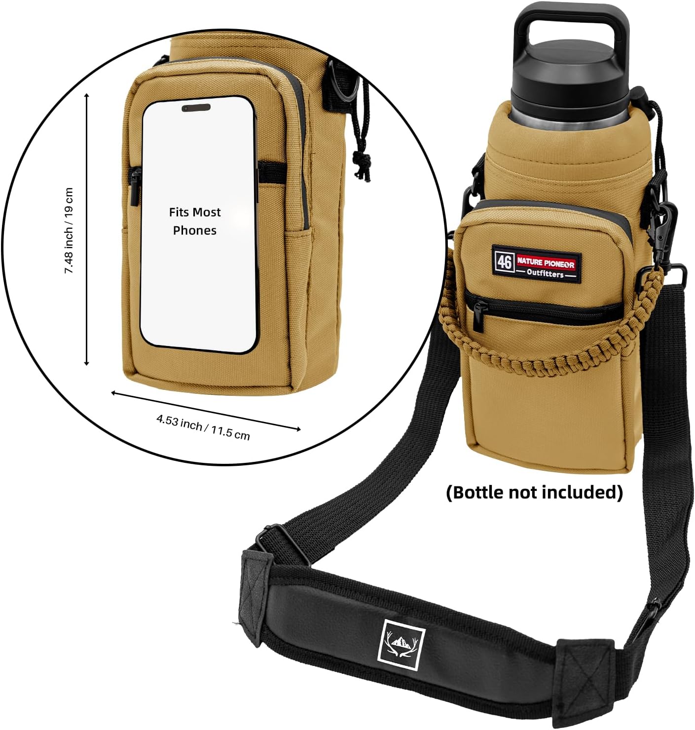 NATURE PIONEOR Water Bottle Holder with Adjustable Strap - 26/32/36/40/46/64oz Insulated Water Bottle Sling Carrier with Paracord Handle & 2 Pockets, Outdoor Sports, Hiking, Camping, Gym