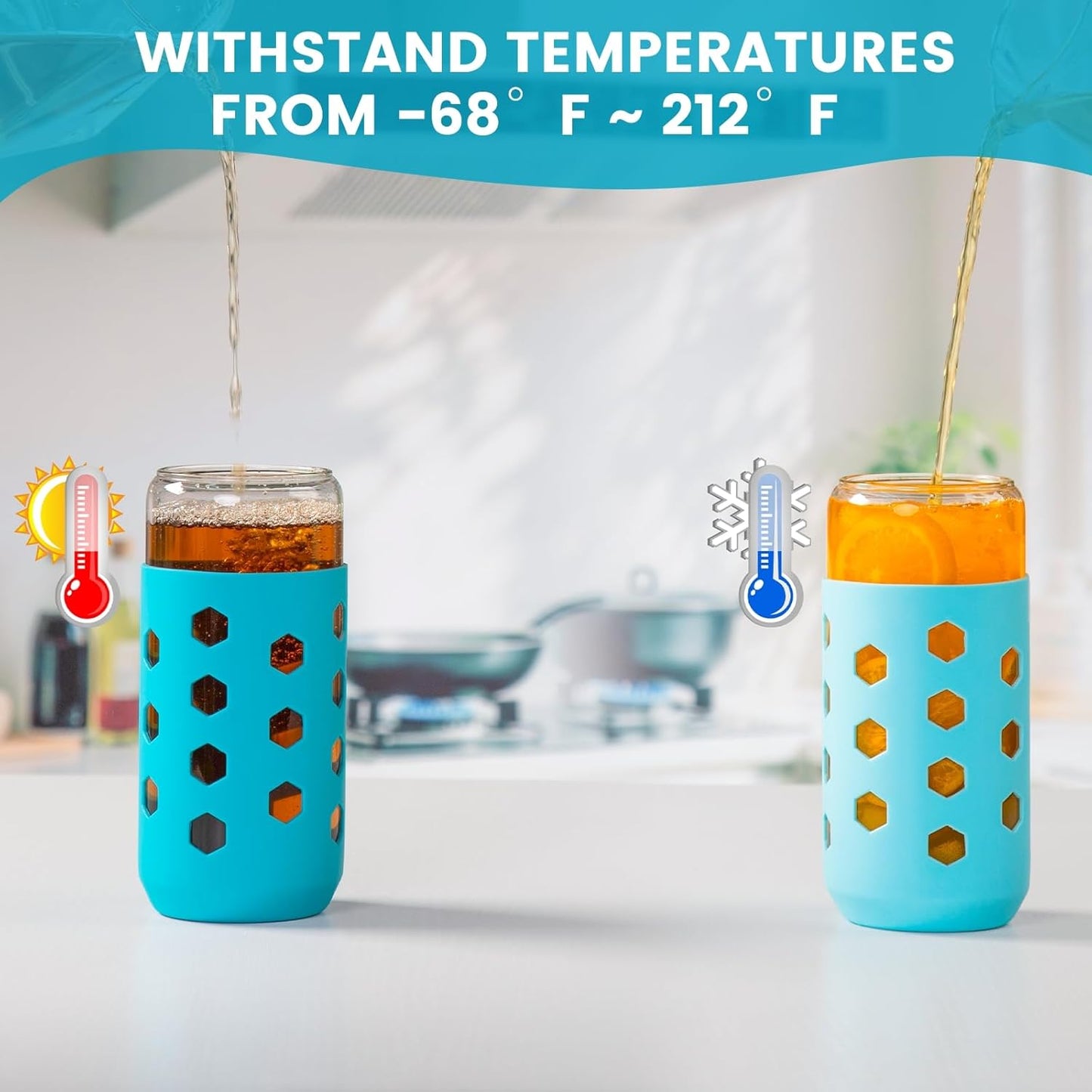 Mrsdry Glass Cups with Lids and Straws (4 Pcs), 16oz Drinking Glasses Set with Silicone Sleeves for Coffee Bar Accessories Iced Coffee Cups with Lids, Glass Tumbler Reusable for Gifts