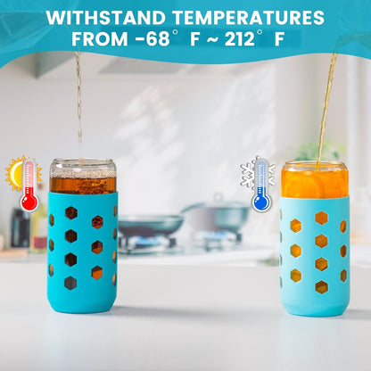 Mrsdry Glass Cups with Lids and Straws (4 Pcs), 16oz Drinking Glasses Set with Silicone Sleeves for Coffee Bar Accessories Iced Coffee Cups with Lids, Glass Tumbler Reusable for Gifts