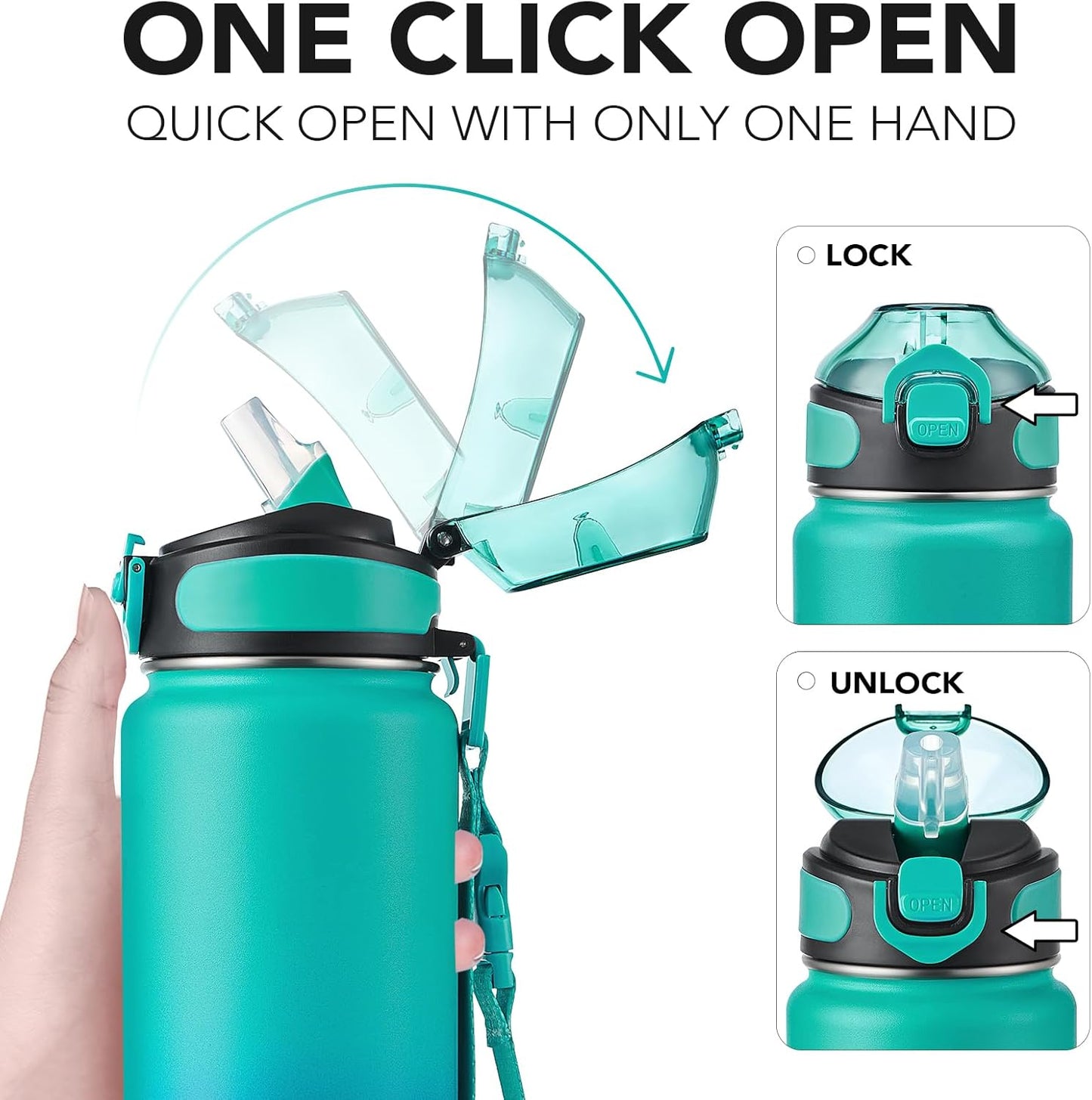 Enerbone 24 oz Insulated Water Bottle, Stainless Steel Bottle with Carrying Strap, Double-Wall Vacuum Insulation Design, Leakproof Sports Bottle with Straw, Keep Drinks Cold or Hot for Hours