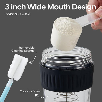 16oz Glass Shaker Bottle for Protein, Small Borosilicate Glass Protein Powder Leak-Proof Shaker Cup Mixes with 304 Blending Ball(16oz,Black)