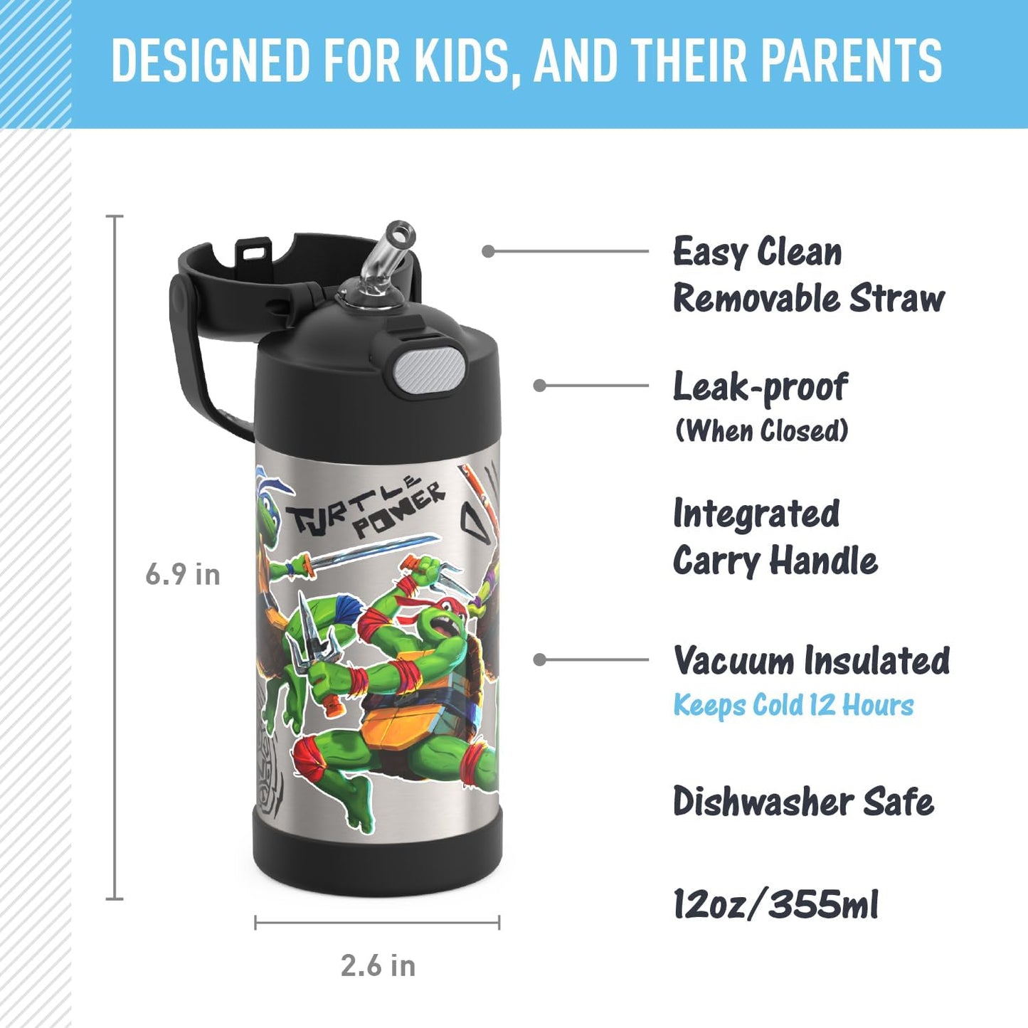 THERMOS FUNTAINER Water Bottle with Straw - 12 Ounce - Kids Stainless Steel Vacuum Insulated Water Bottle with Lid, Bluey - Colors B