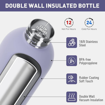 Exllena Slim Insulated Water Bottles for Travel 18oz with Clip, Double Wall Vacuum Stainless Steel Water Bottle Keeps Drinks Cold 24 Hrs/Hot 12 Hrs, 100% Leakproof, BPA Free(Black)