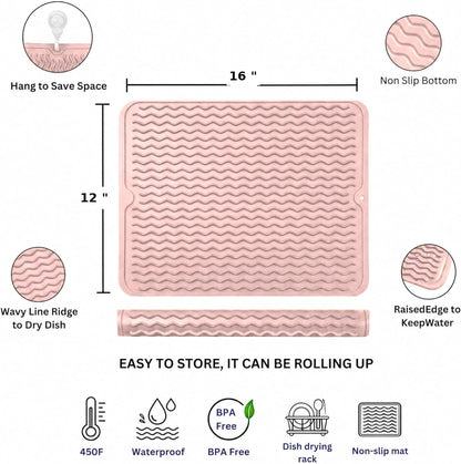 Silicone Drying Mat 16 × 12 – Gray Non-Slip Sink Mat for Kitchen Counter, Heat-Resistant Food-Grade Dish Pad, Easy-Clean Multipurpose Drawer Liner (Gray, 16'' x 12'')