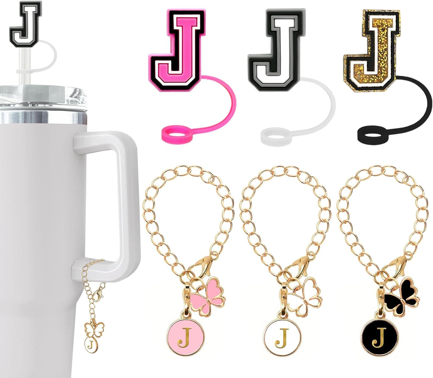 （3 +3) 3PCS Nuozme Straw Cover 10mm For Stanley Tumbler Cup Reusable Straw Cap Topper with 3 Initial Letter Charms Accessories Name ID Personalized Handle Charm For Stanley 30&40 Oz Cup Tumbler - Colors B
