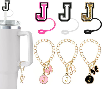 （3 +3) 3PCS Nuozme Straw Cover 10mm For Stanley Tumbler Cup Reusable Straw Cap Topper with 3 Initial Letter Charms Accessories Name ID Personalized Handle Charm For Stanley 30&40 Oz Cup Tumbler - Colors B