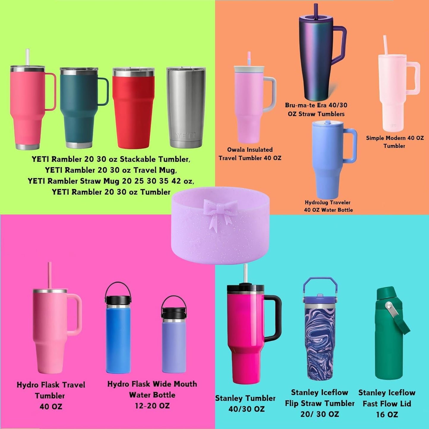 2PCS Bow Silicone Boot for Stanley Quencher Tumbler 30oz 40oz & IceFlow 20oz 30oz& Hydro Flask Water Bottle 12-24 oz Protective Bottom Sleeve Cover for Stanley Cup Accessories& Owala 24oz
