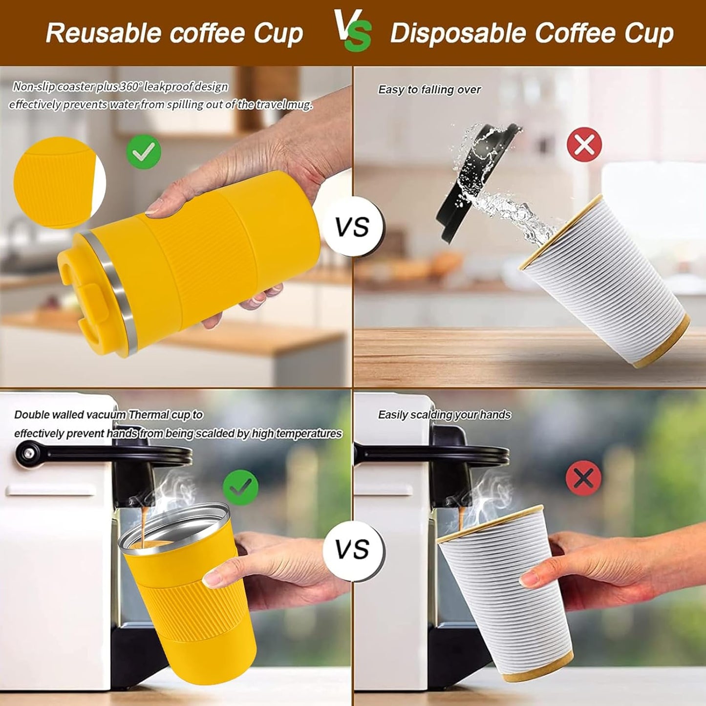 YINBAOGE Insulated Travel Coffee Mug, Spill & Leak Proof, Portable To Go Camping Stainless Steel Coffee Tumbler, Reusable Thermal Coffee Cup with Lid for Hot & Cold Drinks (Black, 12 OZ)