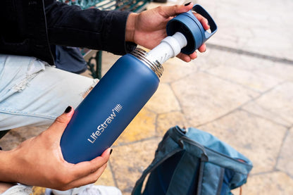 LifeStraw Go Series — Insulated Stainless Steel Water Filter Bottle for Travel and Everyday Use Removes Bacteria, Parasites and Microplastics, Improves Taste, 1L Aegan Sea