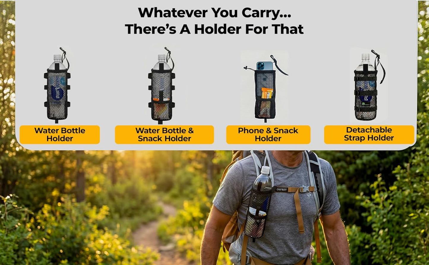 Water Bottle Holder for Backpack Shoulder Strap - Ulttalight 0.7 Ounces, Fits 1L Smartwater, Durabl Mesh, Snap Hook Mount Backpack Attachment