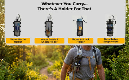 Water Bottle & Snack Holder for Backpack Shoulder Strap - Fits 1L Smartwater, Front Accessory Pouch, Ultralight 0.9 oz, Snap Hook Mount, Nylon Mesh Backpack Attachment