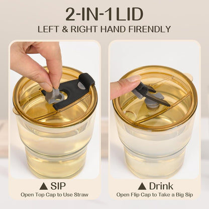 13oz Iced Coffee Cups,2Pcs Glass Cups with Lids and Straws Drinking Glasses,Clear Ribbed Glassware,Reusable Tumbler Glass to Go Cup for Matcha, Iced Tea,Juice