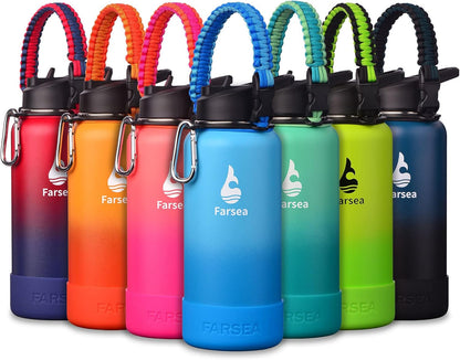 Farsea Insulated Water Bottle With Paracord Handle, Protective Silicone Boot and 2 Lids (Straw Lid & Spout Lid), Stainless Steel Water Bottle Wide Mouth, Double Wall Sweat-Proof BPA-Free, 24 oz