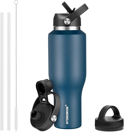 HYDROWION 32oz Stainless Steel Water Bottle(Cold for 48 Hrs, Hot for 24 Hrs),Double Wall Vacuum Insulated Water Bottle with Straw Lid, Spout Lid and Flex Cap, Fit in Any Car Cup Holder,Black