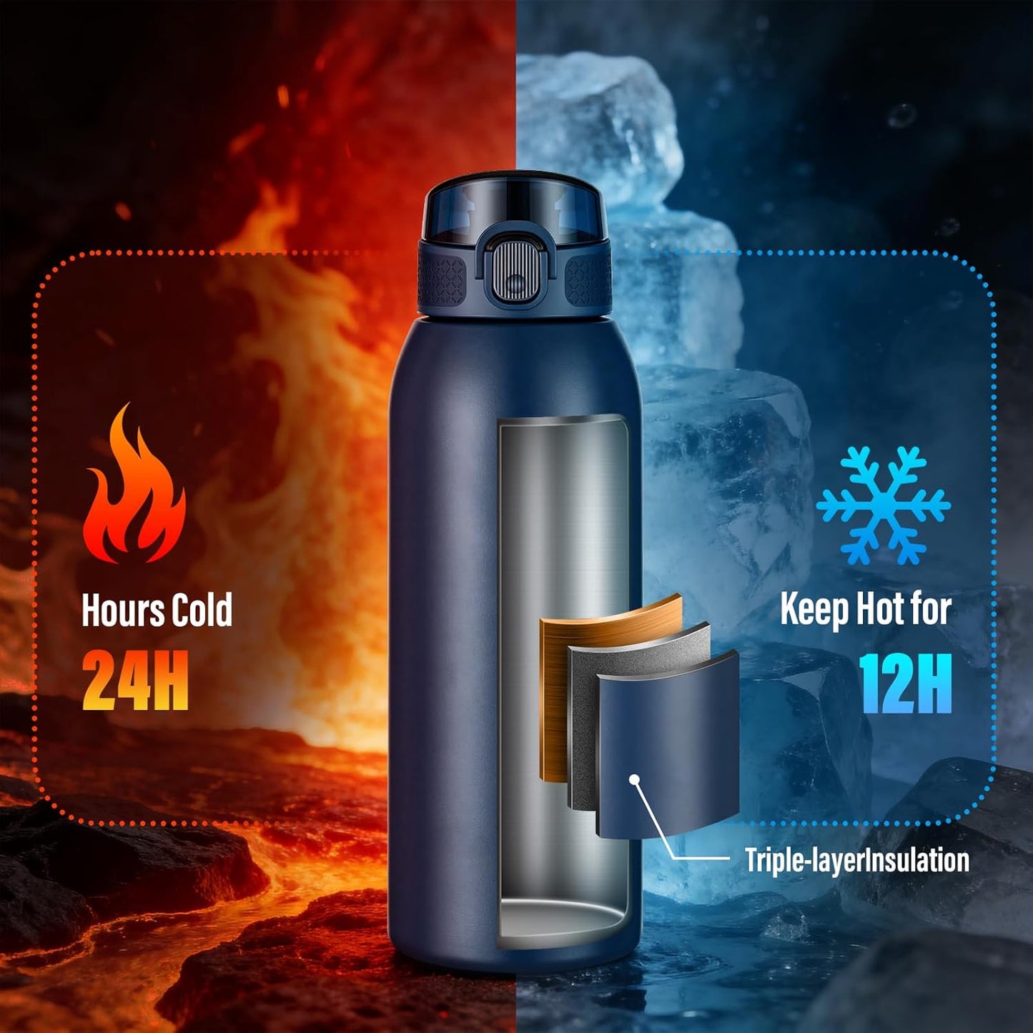 Insulated Water Bottle 24 oz with Dustproof Lid, Carry Handle & Tea Infuser, BPA-Free & Leakproof, Stainless Steel Water Bottles Ideal for Fitness, Hiking, Office & Outdoor Use (Black)