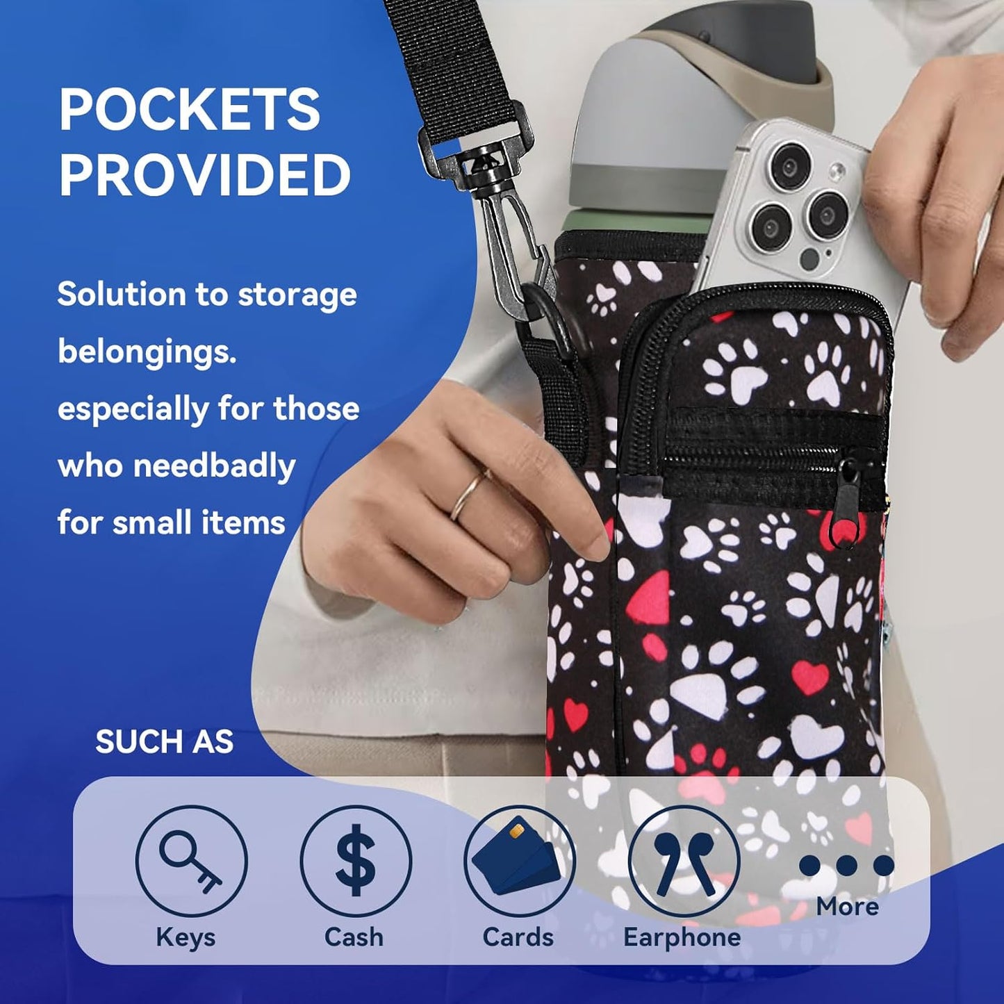 Neoprene Water Bottle Holder Bag with Cell Phone Pocket Compatible with Owala FreeSip 24 oz，Water Bottle Carrying Bag ，with Adjustable Shoulder Strap,for 24oz Stainless Steel Water Bottle