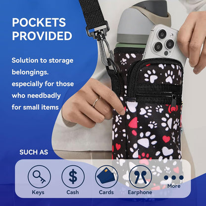 Neoprene Water Bottle Holder Bag with Cell Phone Pocket Compatible with Owala FreeSip 24 oz，Water Bottle Carrying Bag ，with Adjustable Shoulder Strap,for 24oz Stainless Steel Water Bottle