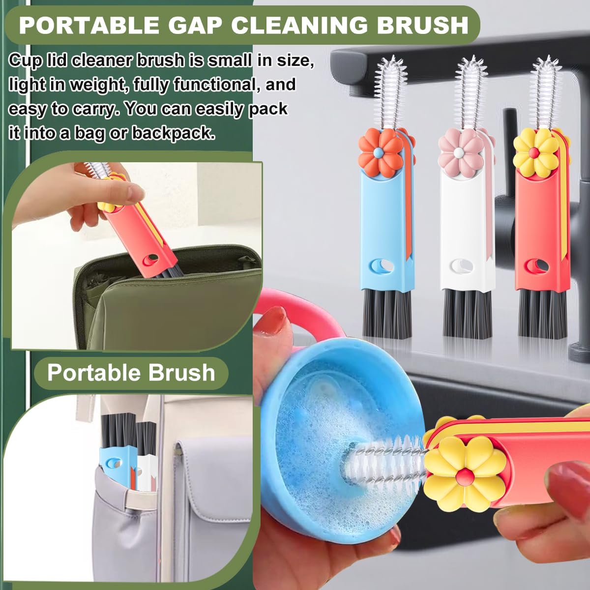 3 in 1 Cup Lid Cleaning Brush, Portable Cup Cleaner Brush, New Water Bottle Lid Cleaner Brush, Multifunctional Cleaning Brush - Home Kitchen Cleaning Tools for Tight Spaces & Bottle Gaps, 3 PCS