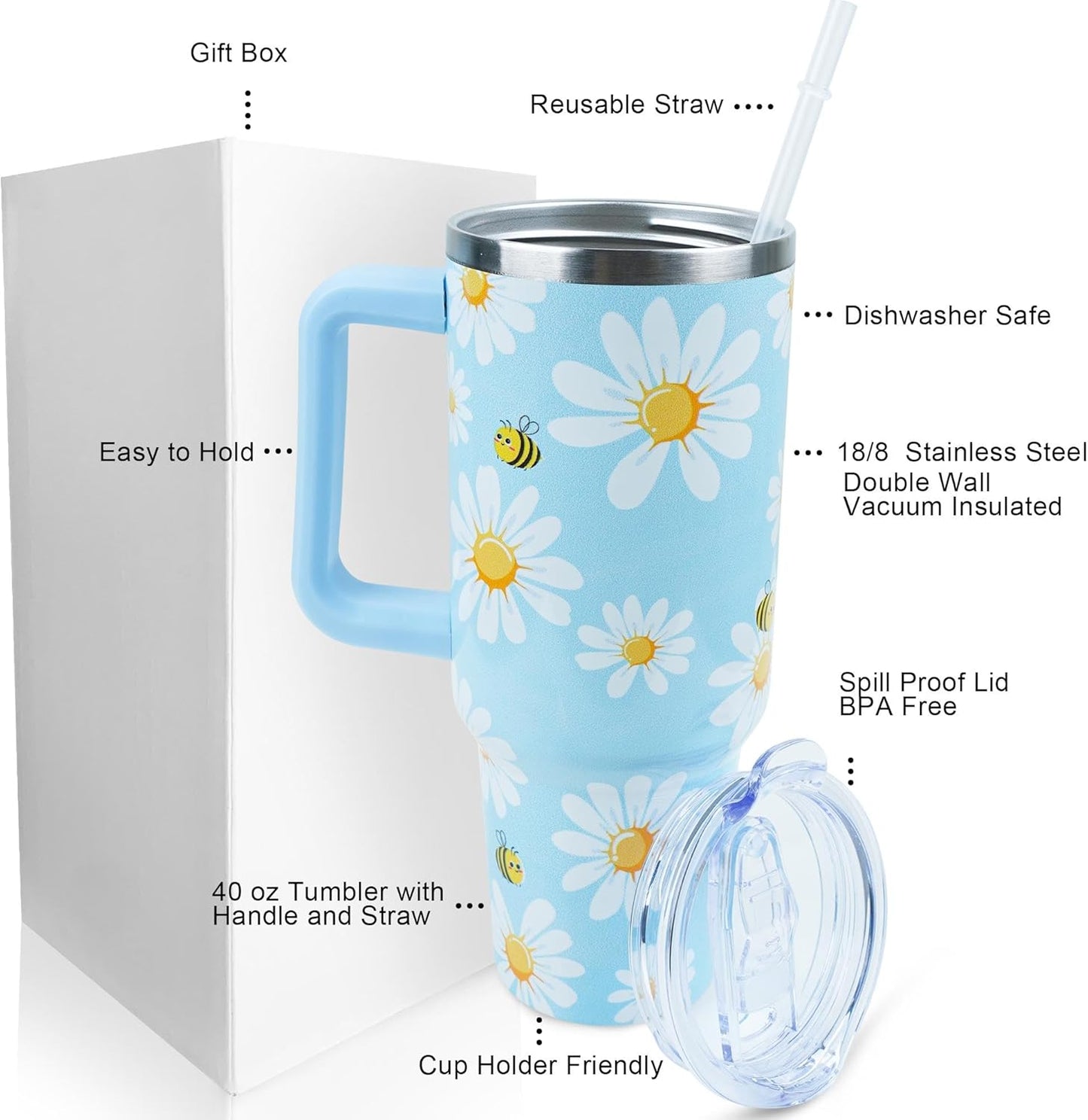40 oz Tumbler with Handle and Straw Lid Leak Proof | You're Awesome Inspirational Mother's Day Birthday Gifts for Women Men Coworker Friends | Stainless Steel Cup Dishwasher Safe